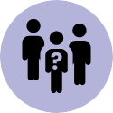 Purple-filled circle with three standing people icons with the middle person having a question mark